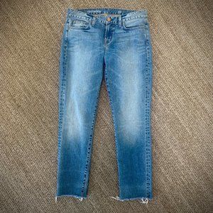 J. Crew Toothpick Frayed Hem Cropped Jeans in Bliss Wash, size 29